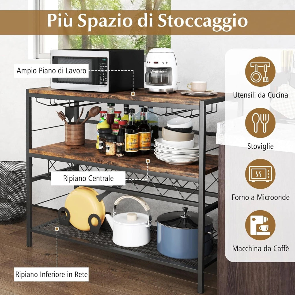 Mobile Portabottiglie di Vino e Calici da Terra, Scaffale Porta Vino su 3 Ripiani con Supporti per Bicchieri e Bottiglie, Tavolo Porta Vino da Bar, per Cucina e Soggiorno, Marrone Rustico
