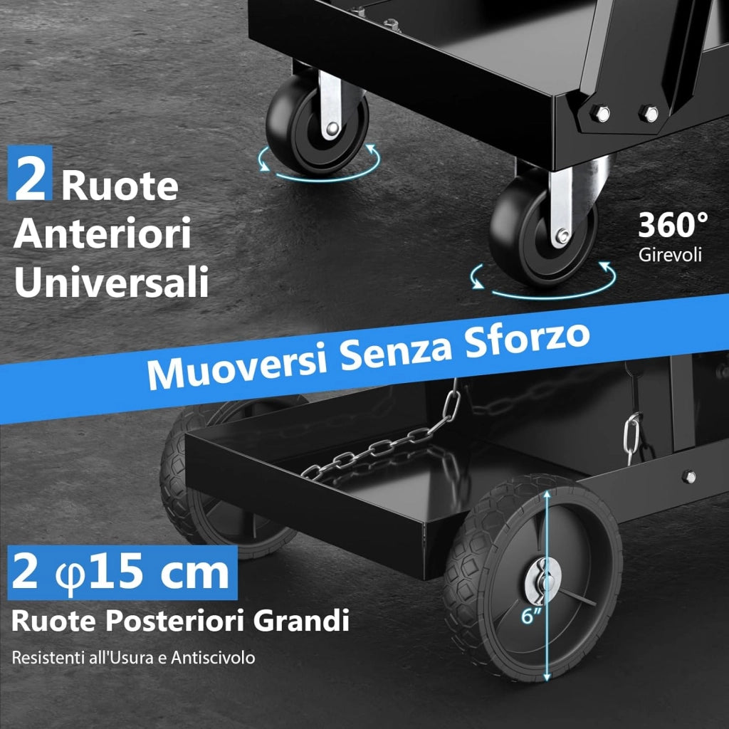 Carrello da Saldatura a 3 Livelli, Carrello per Saldatore con Struttura in Metallo, 4 Ruote Bloccabili Universal e Spazio per Serbatoio con Catene Anti-Ribaltamento, Carrello per Officina