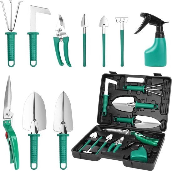 Set di attrezzi per giardinaggio da 10 pezzi con tasca portatile, comprensivo di trasplanter, rastrello, forbici per potatura, falciatrice, pala e spruzzatore per acqua, regalo per il giardiniere