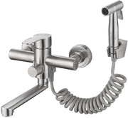 Wandkraan per installazione in cucina con pistola ad aria compressa e 2 tipi di getto d'acqua, 360° girevole, uscita corta 18cm, in acciaio inossidabile