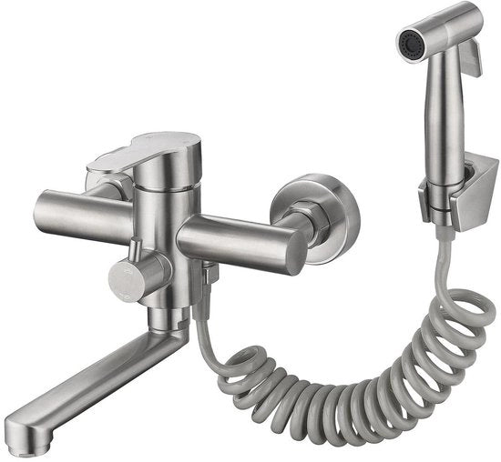 Wandkraan per installazione in cucina con pistola ad aria compressa e 2 tipi di getto d'acqua, 360° girevole, uscita corta 18cm, in acciaio inossidabile
