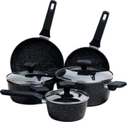 Set di pentole con rivestimento antiscivolo, alluminio con trattamento di titanio, 3 pentole con 3 coperchi in vetro resistente e 2 padelle, inclusa cottura in induction 8-delizioso