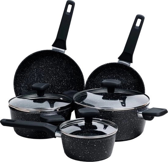 Set di pentole con rivestimento antiscivolo, alluminio con trattamento di titanio, 3 pentole con 3 coperchi in vetro resistente e 2 padelle, inclusa cottura in induction 8-delizioso
