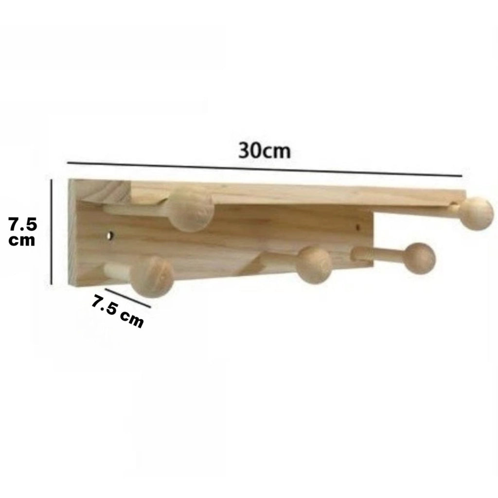 Mensola Appendiabiti in Legno Naturale 30 cm con 5 Ganci da Parete | 74211