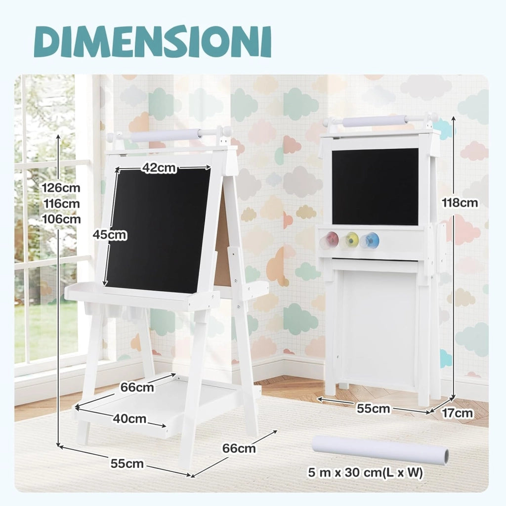 Lavagna per Bambini 3 in 1, Lavagna Magnetica con Lavagna Bifacciale, Rotolo di Carta, Vassoi Portaoggetti e 3 Bicchieri per Pittura, Cavalletto in Legno per Bambini 3+ Anni (Bianco)
