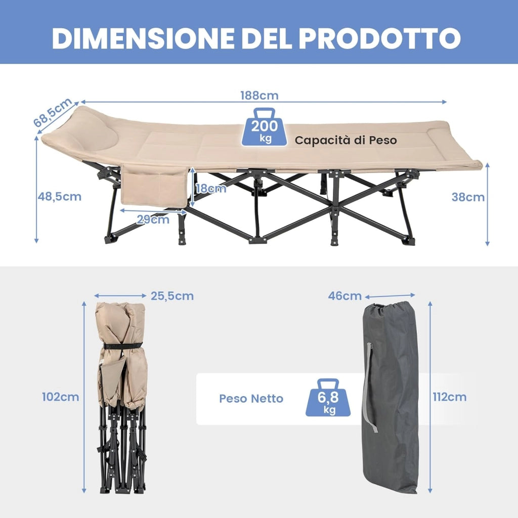 Brandina da Campeggio, Letto da Campeggio con Cuscino e Poggiatesta, Tappetino a Doppio Strato, Brandina da Campeggio Portatile per Ufficio, Casa, Carico Fino a 204 kg(marrone)