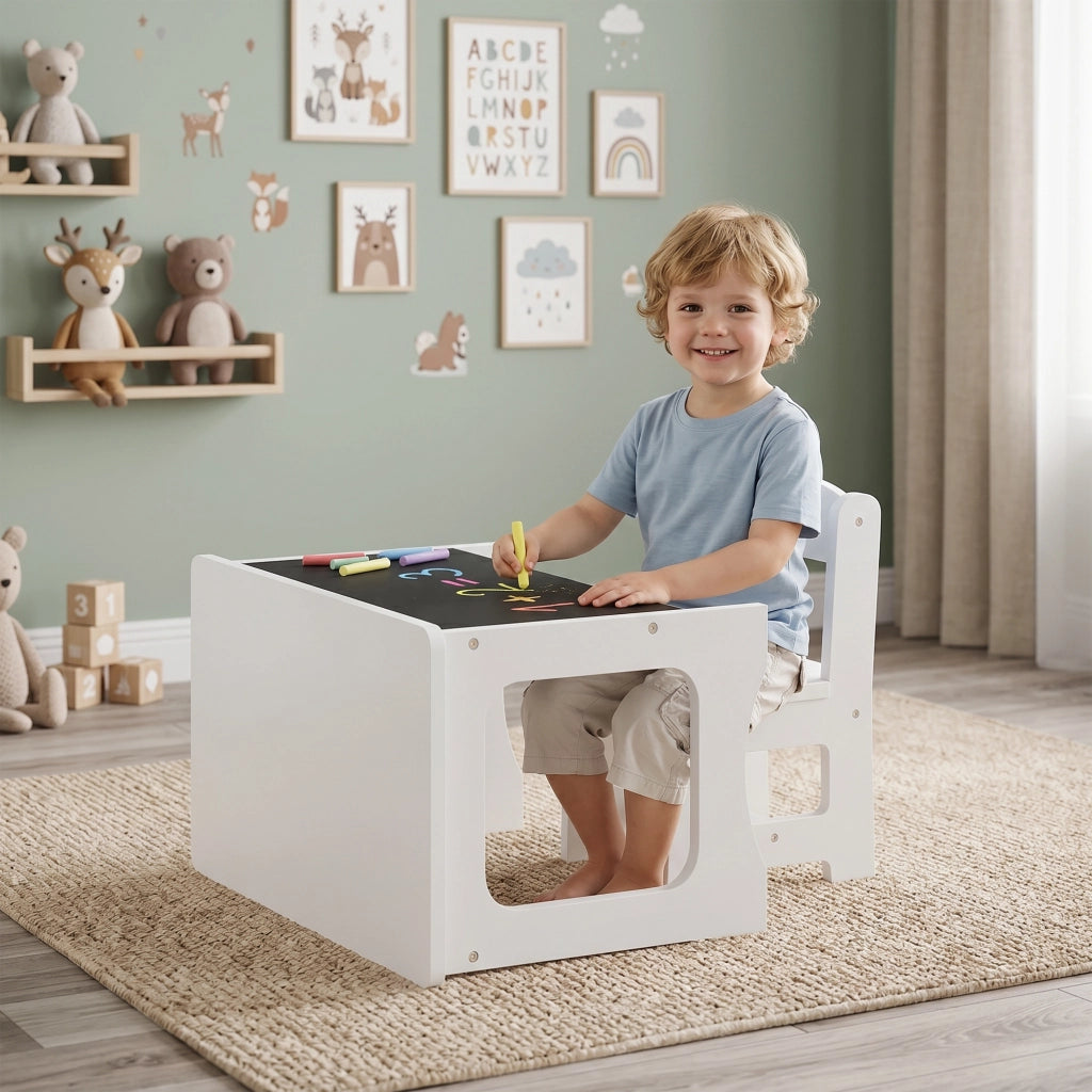 Scrivania e Sedia per Bambini con Piano Reversibile Lavagna Nera ¨C Xylo ¨C Bianco, 3-6 Anni