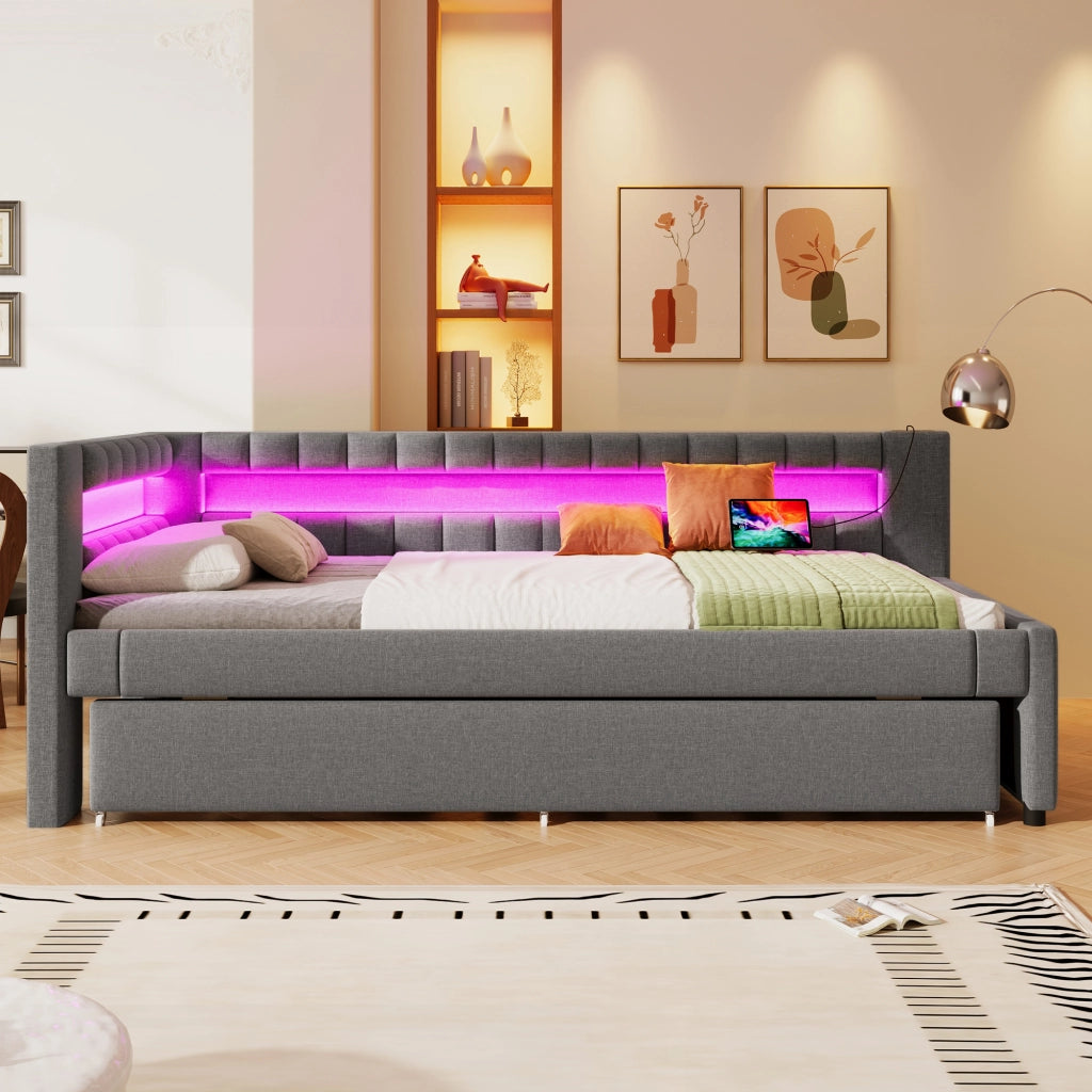 Divano letto pieghevole con LED e USB 90x200 cm colore grigio lino