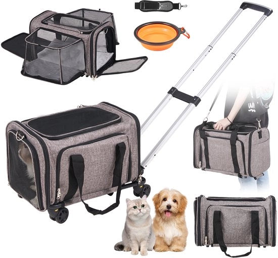 Carriera per cani con ruote, certificata per l'uso in aereo - con maniglia estensibile e cintura per spalla - inclusa ciotola pieghevole - massimo 11,3 kg - grigio