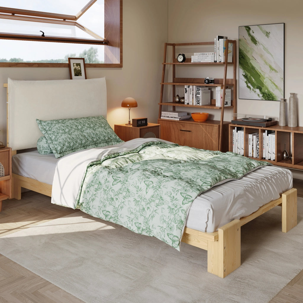 Letto Singolo 90x200 cm - Schienale Imbottito; Doghe Robuste e Gambe Larghe - Naturale