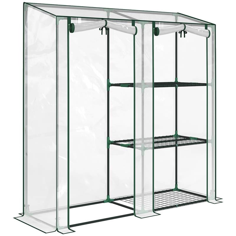 SERRA VERTICALE A 2 SEZIONI CON 3 RIPIANI, IN PLASTICA E ACCIAIO, 143X45X151 CM, VERDE SCURO E TRASPARENTE