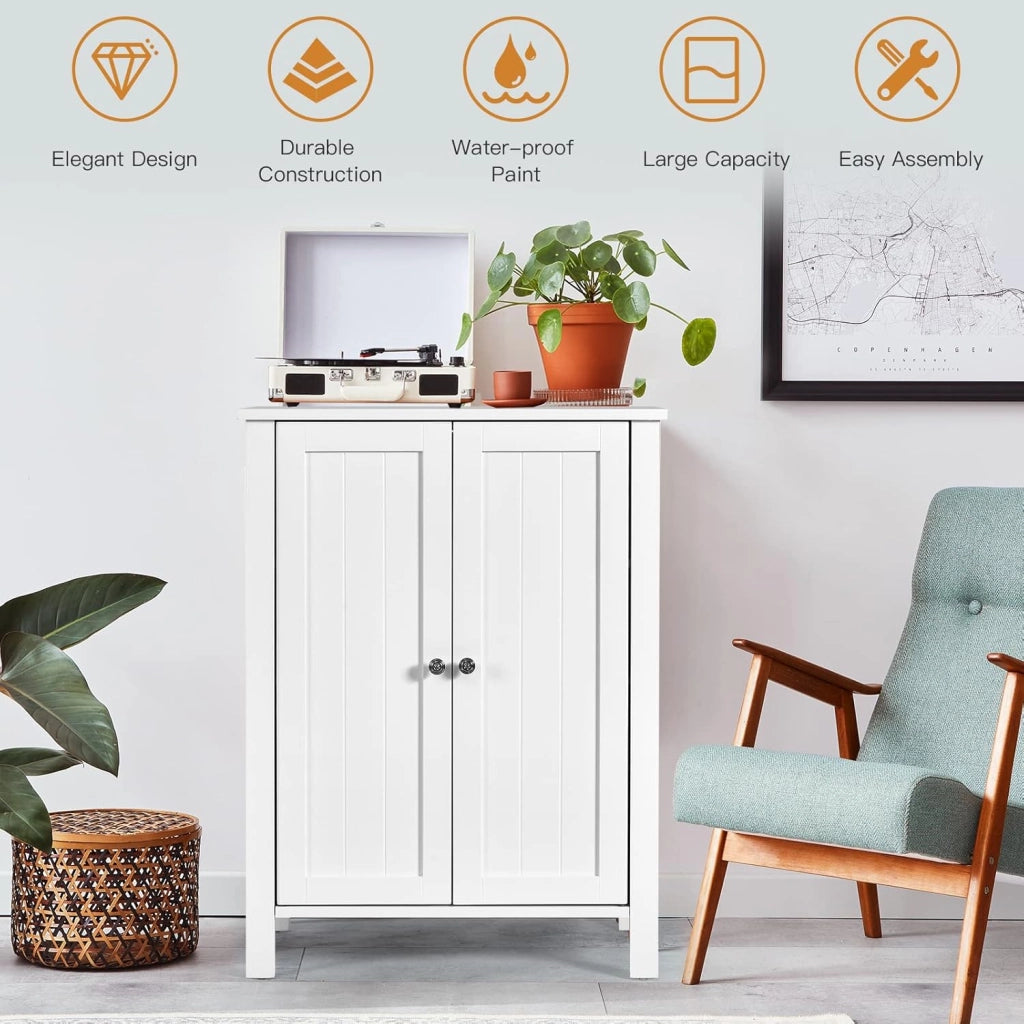 Armadietto Bagno da Terra, Mobiletto Autoportante a 2 Ripiani, con 2 Ante Legno, 60x30x80 cm, Bianco