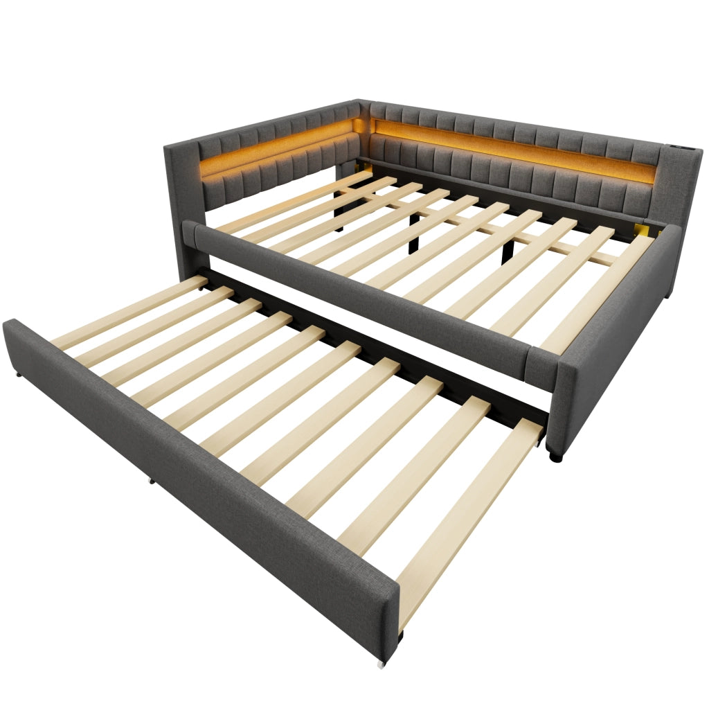 Daybed 140x200 cm grigio in lino con letto estraibile, LED, USB e Type-C