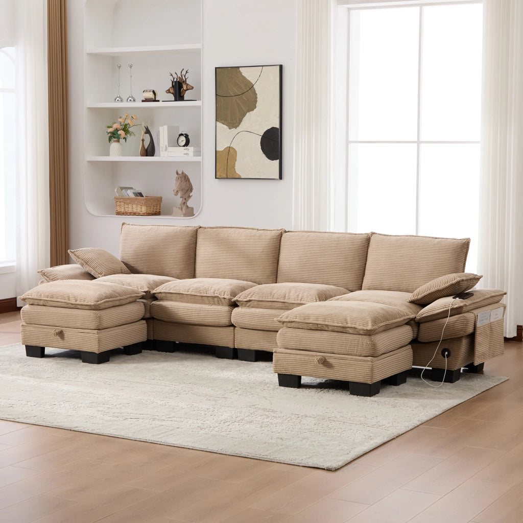 Divano Modulare 4 Posti in Corduroy con USB-C, Tasche Laterali e Pouf, Khaki, 330 × 132 × 84 cm