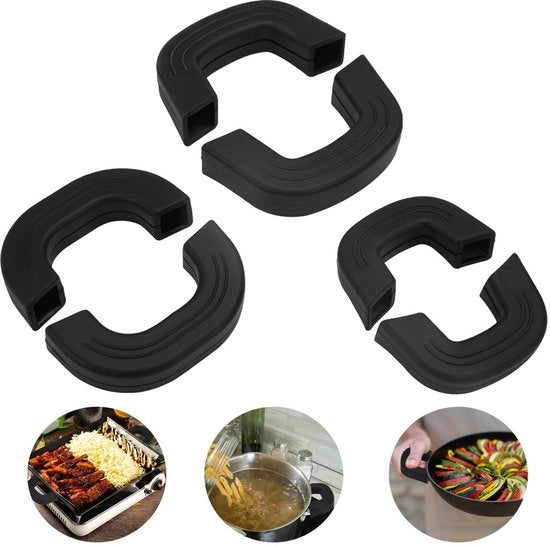 Set di maniglie per pentole resistenti al calore - Maniglie in silicone - Antiscivolo - 6 pezzi - 3 dimensioni - Nero