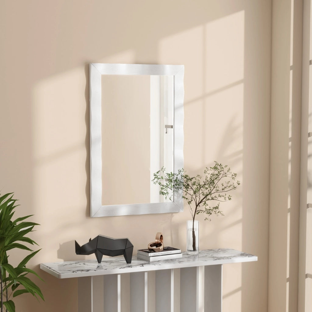 Specchio da parete cornice in legno di gomma superficie irregolare, Specchio rettangolare da 106x71,5cm Bianco-Specchi da parete