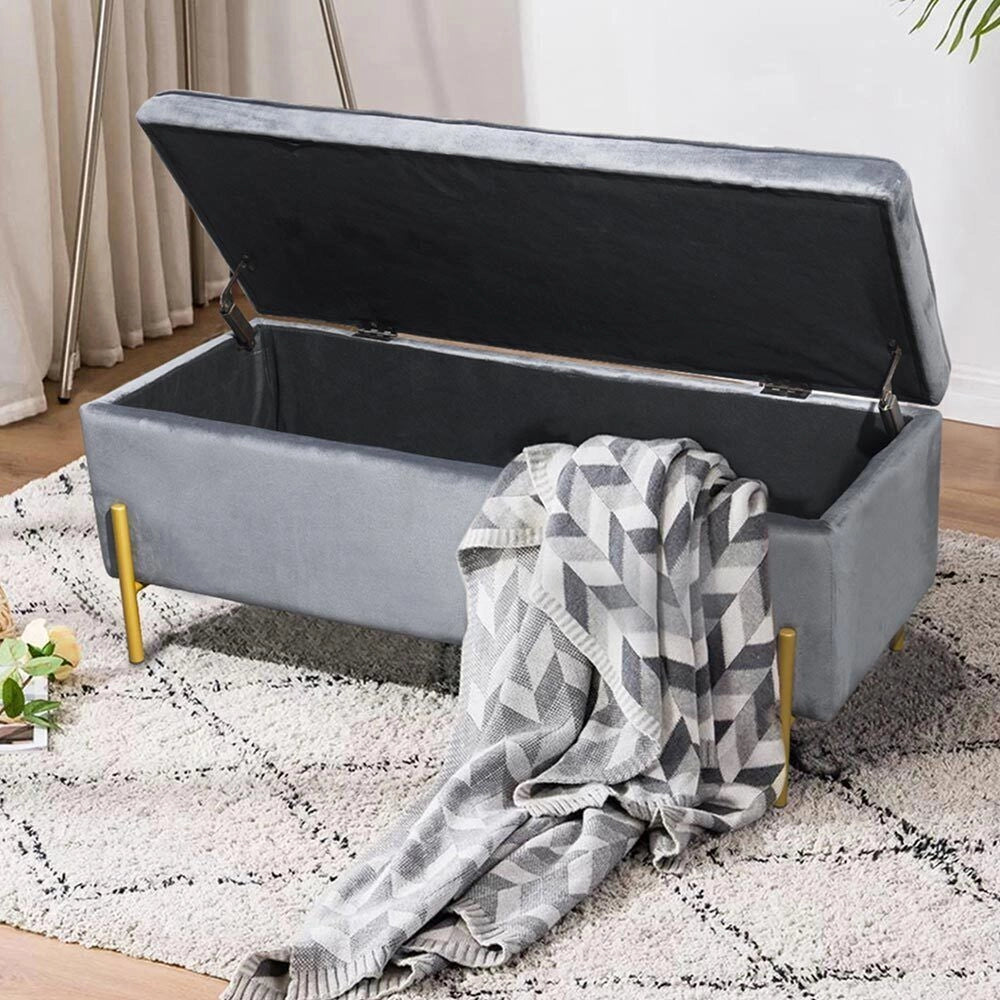 Cassapanca Pouf Contenitore Panca Sgabello Poggiapiedi Tessuto Velluto 105x44H45cm Grigio