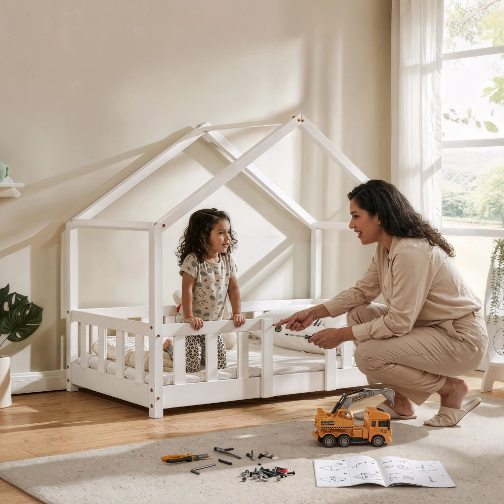 Letto per Cameretta Treviolo a Forma di Casetta in Stile Montessori con Materasso 70x140 cm - Bianco [en.casa]