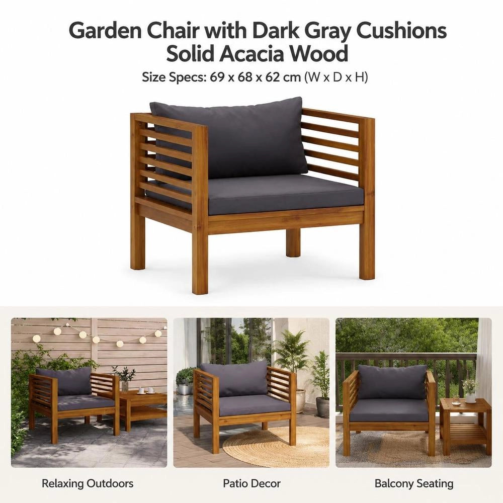Garden Chair With Dark Grey Cushions, Solid Acacia Wood
