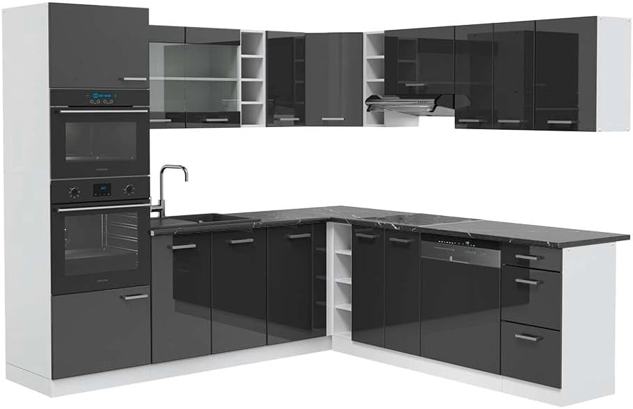 Cucina angolare completa R-Line, Antracite lucido, 247 x 60 cm, PL Antracite, per disposizione flessibile ed espansione modulare