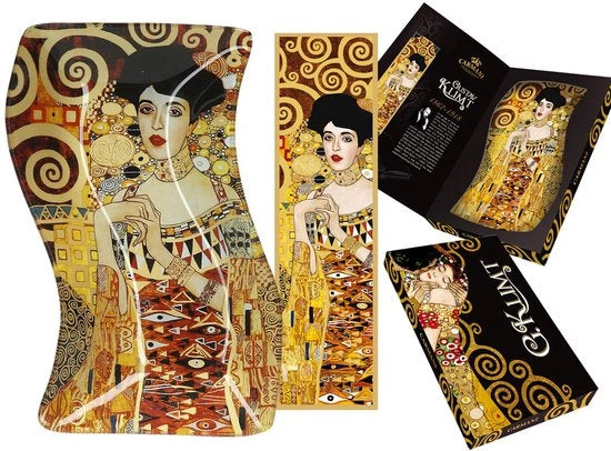Bordo decorativo ondulato rettangolare in vetro per snack, occasioni speciali, noci, tavola da servizio con stampa dell'opera "Adele" di Gustav Klimt 18x12,7cm