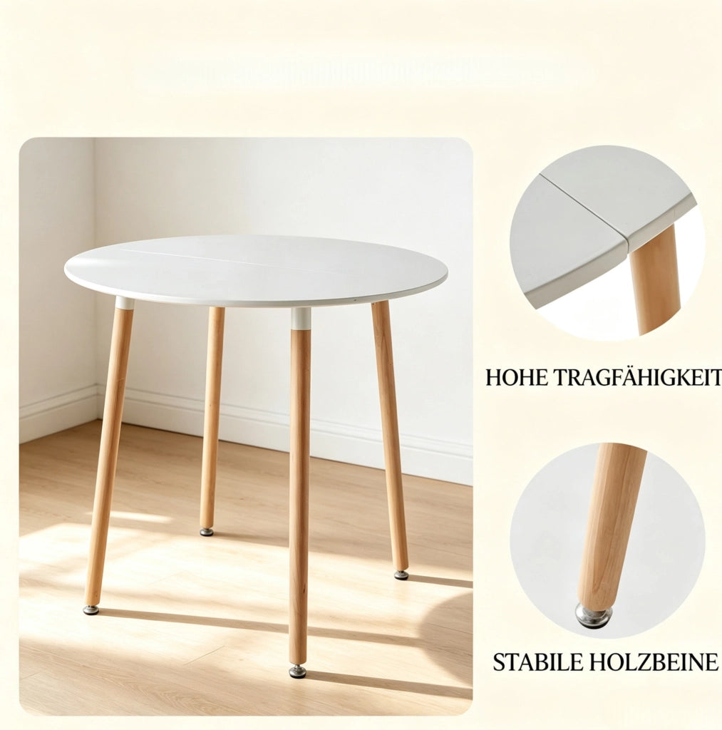 Set tavolo da pranzo rotondo bianco e legno con 4 sedie