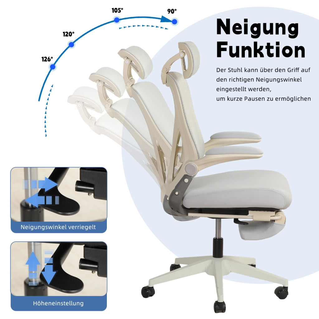 Sedia da ufficio ergonomica pieghevole con supporto lombare, poggiatesta 3D e funzione di inclinazione in schiuma grigio