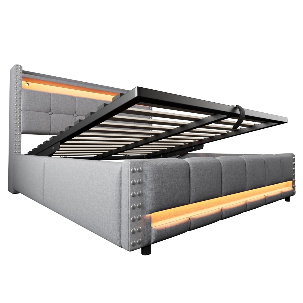 Letto Matrimoniale 160x200 cm; 2 Posti - USB; LED; Contenitore; Ripiani; Tessuto Grigio Chiaro