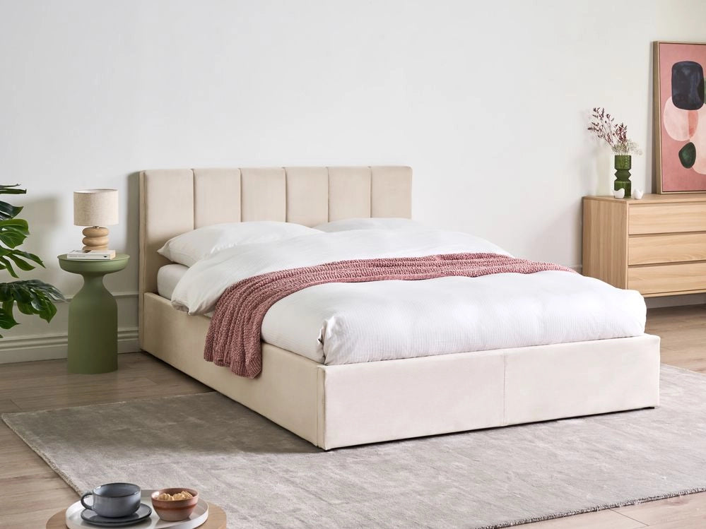 Letto contenitore Rivestimento in velluto beige 140 x 200 cm con testiera a doghe