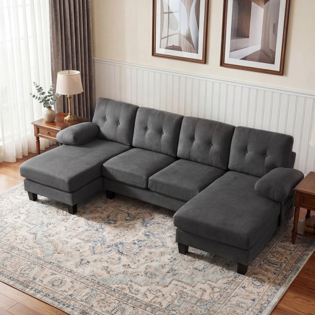 Divano con chaise-longue su entrambi i lati in chenille, tasche laterali, braccioli rimovibili con zip, grigio 268 × 128 × 84 cm