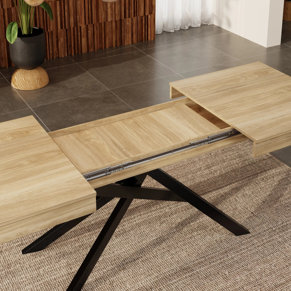 Tavolo da pranzo allungabile per 6-8 persone con piano spesso e gambe incrociate per cucina e soggiorno in MDF rovere