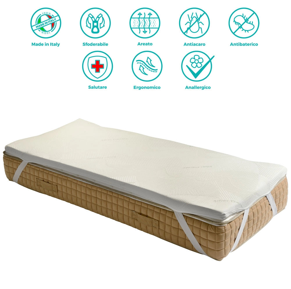 Topper rigido, correttore ORTOPEDICO BIOGREEN H6, DISPOSITIVO MEDICO DETRAIBILE, tessuto anallergico sfoderabile, 4 lati in ARGENTO - ORTOPEDIC piazza e mezza 120x200
