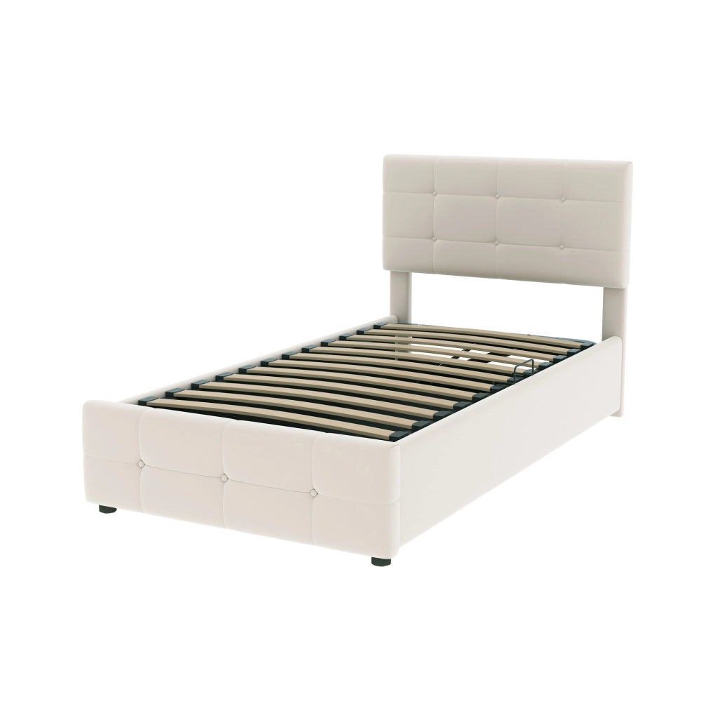 Letto imbottito bambini 90x200 cm; contenitore idraulico; velluto beige (Senza materasso)