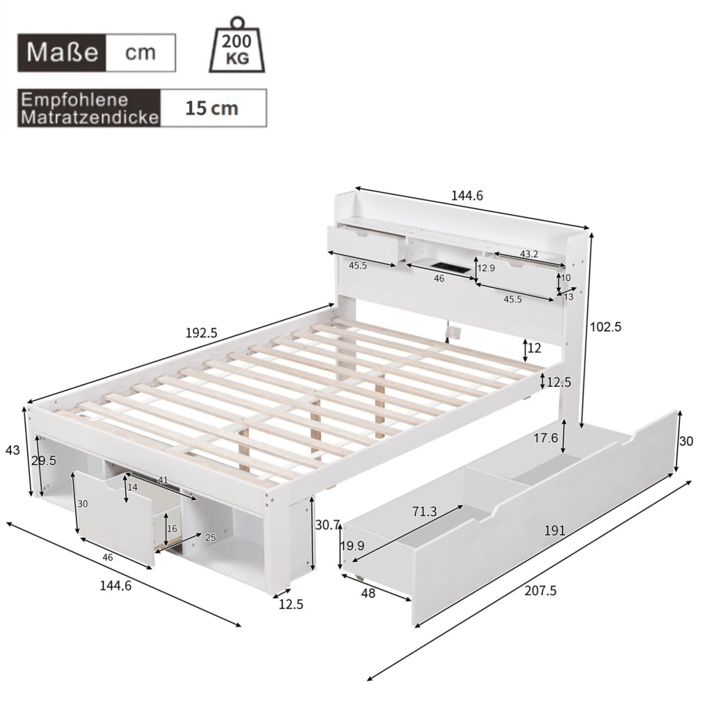 Letto matrimoniale 140x190 cm con USB; contenitore e cassetti; bianco in legno di pino