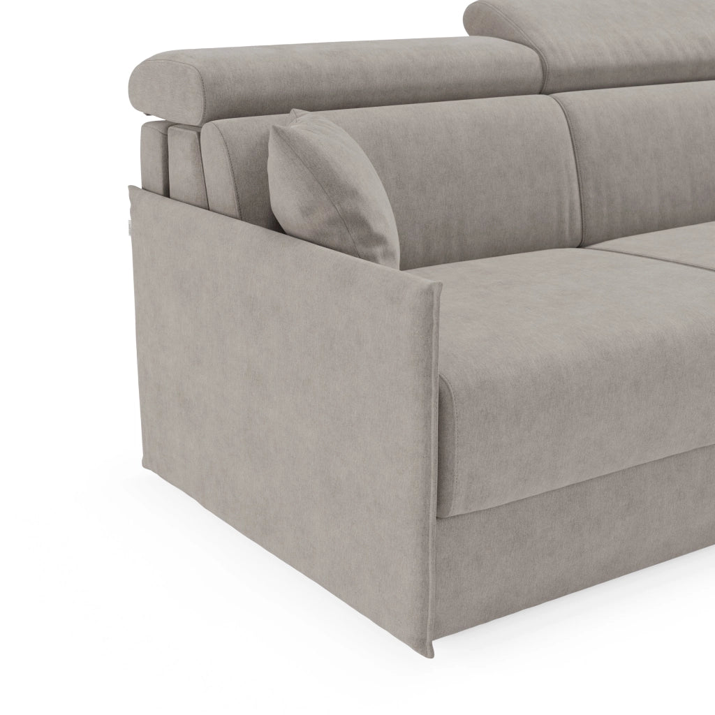 Miryam divano letto angolare compatto - poggiatesta reclinabili e penisola contenitore in tessuto smacchiabile T31 232 cm sinistro grigio perla
