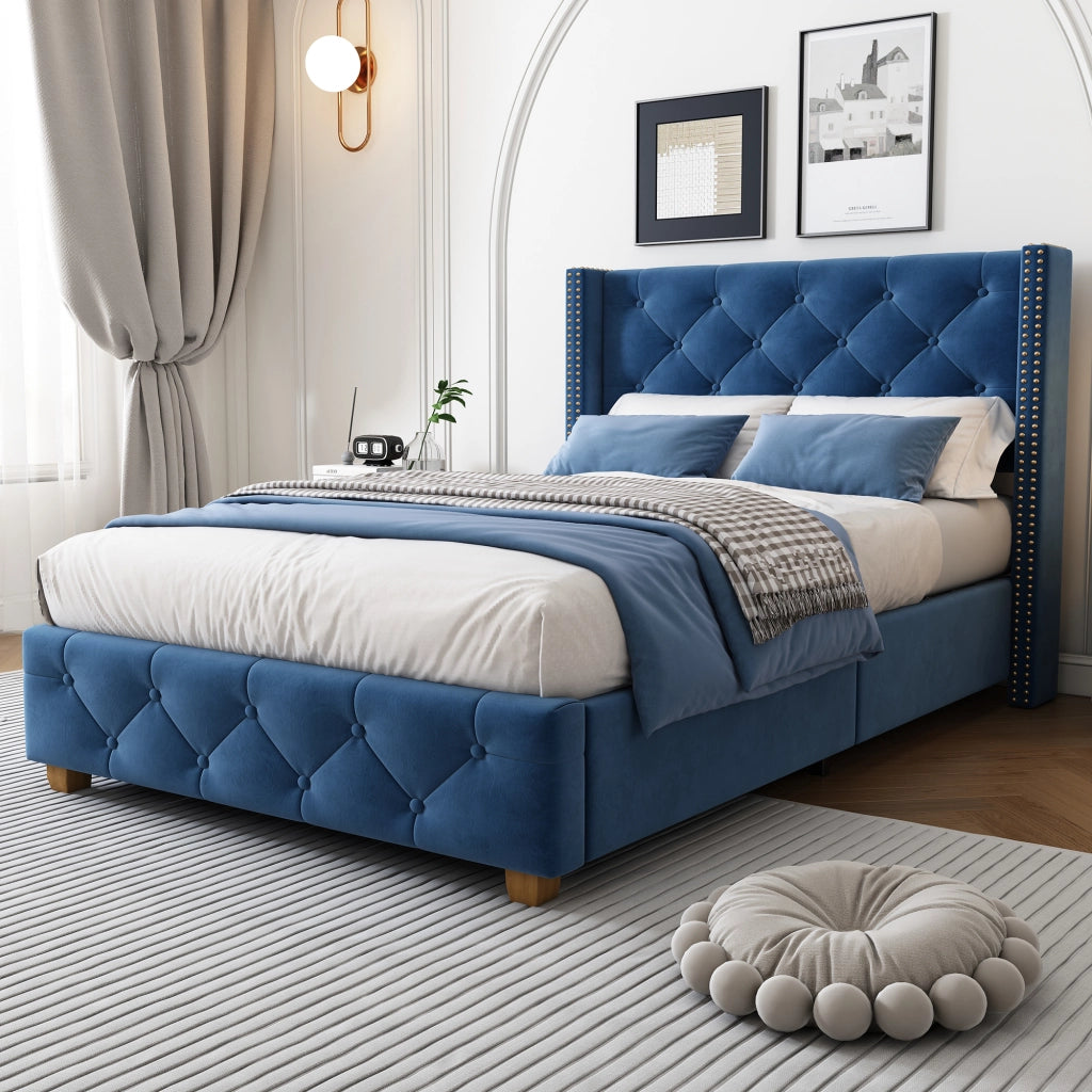 DESMIU Letto imbottito 90 × 200 cm 1 posto con trapuntatura a bottoni, borchie decorative, senza materasso, blu