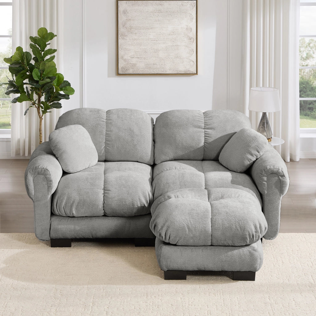 Divano angolare modulare a 2 posti in ciniglia con cuscini trapuntati e pouf mobile grigio chiaro 190 × 149 × 90 cm