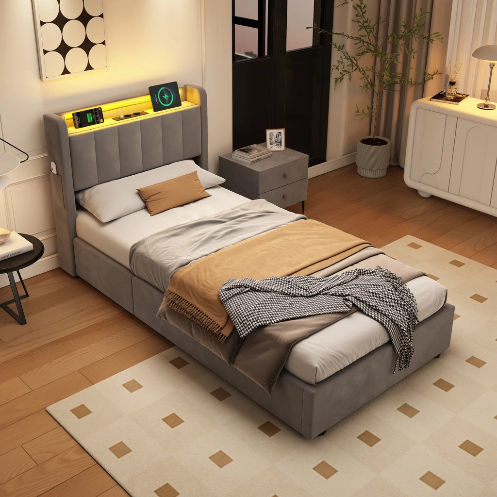 Letto Imbottito 90x190 cm in Velluto con Contenitore Idraulico, LED e Porte USB