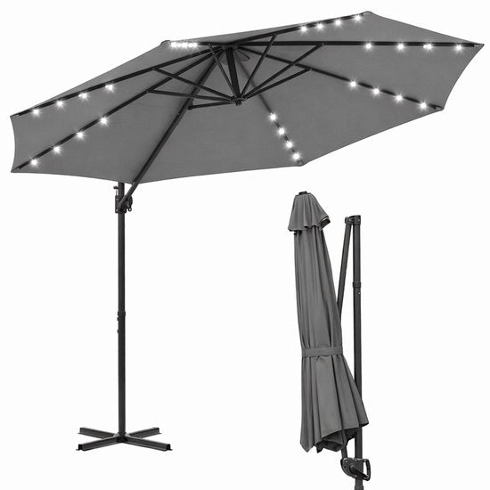 Parasole a vento Grigio - 300 cm - LED Solare - 360° Girevole e Inclinabile - Altezza Regolabile - Impermeabile