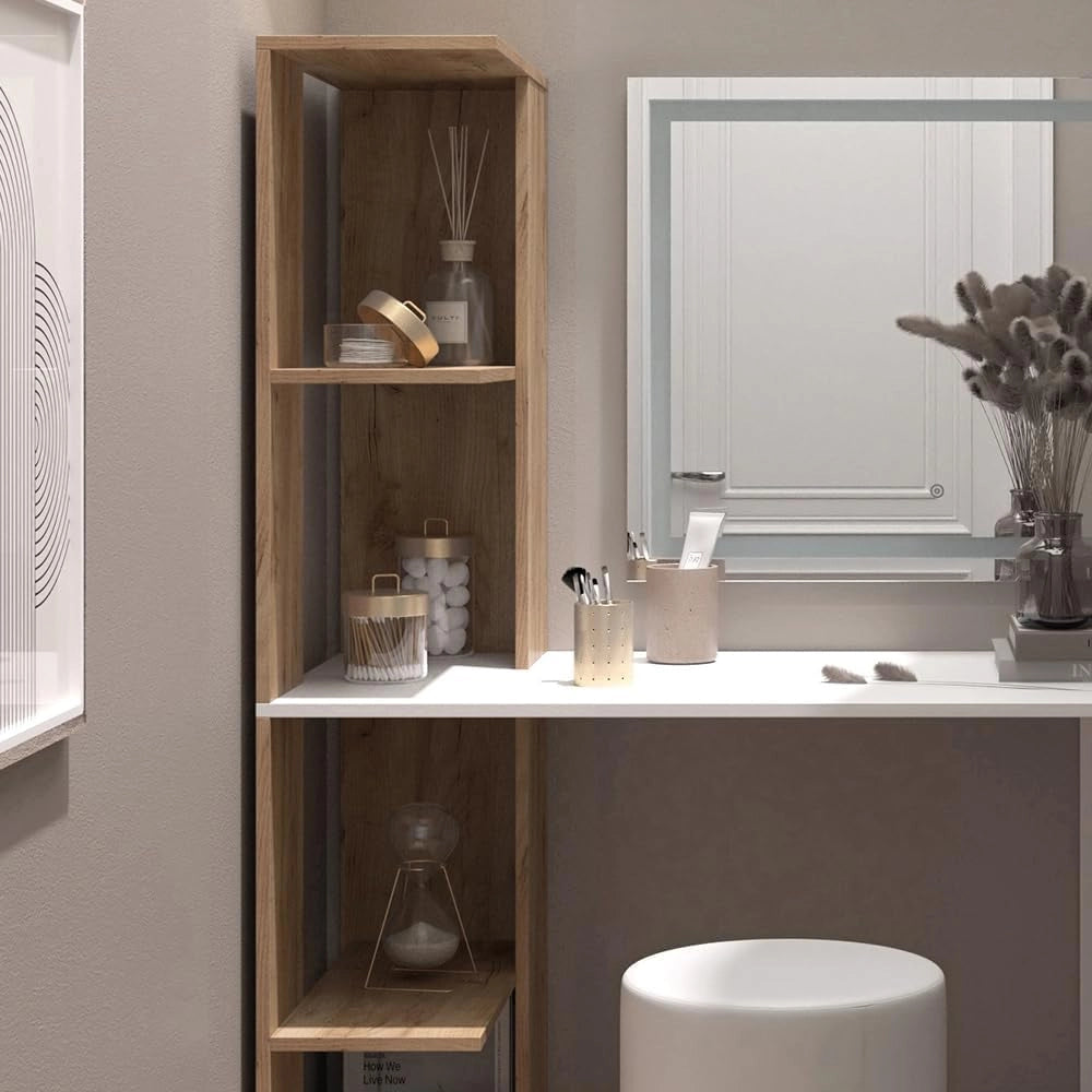 Tavolo da toeletta Tower, Bianco/Sonoma, 122.2 cm con specchio LED e sgabello, Superfici decorative per profumi e oggetti preferiti