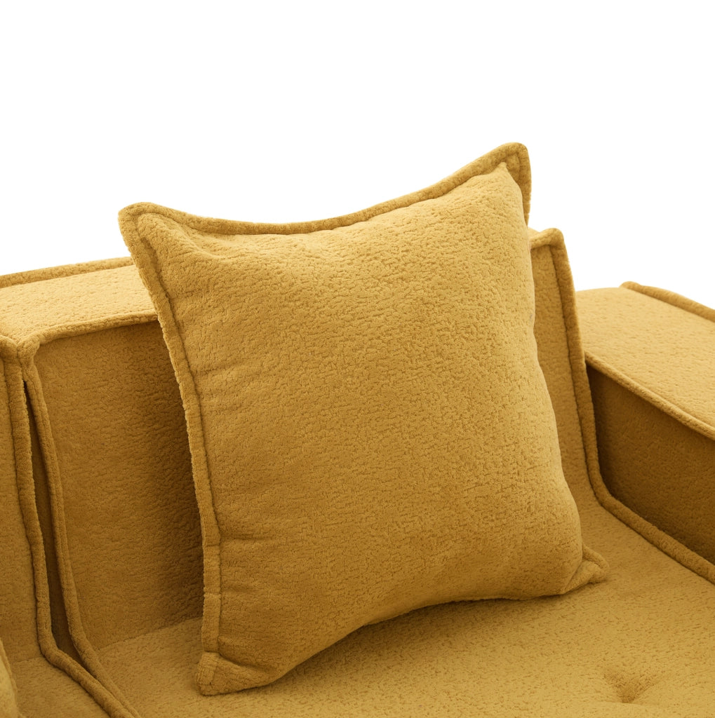 Divano pouf modulare in ciniglia giallo senape con tasche laterali