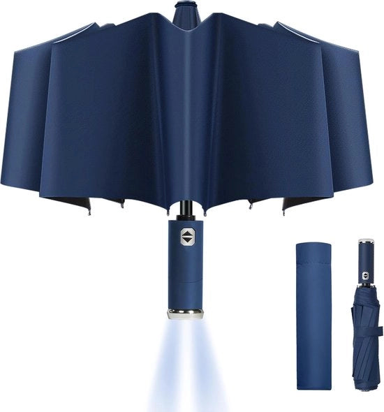 Paraplu automatico pieghevole, 10-rib paraplu pieghevole, con luce LED, impermeabile al vento, manico antiscivolo e protezione UV, blu marino
