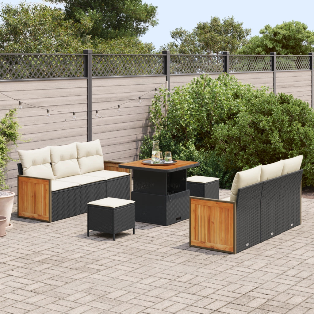 Set Divano Giardino 9 Pezzi Cuscini Nero Polyrattan Acacia