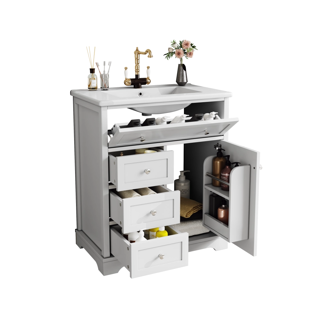 Mobile sottolavabo con lavabo in ceramica, 1 anta e 4 cassetti, finitura laccata, per bagno, bianco, 76 × 46 × 87 cm