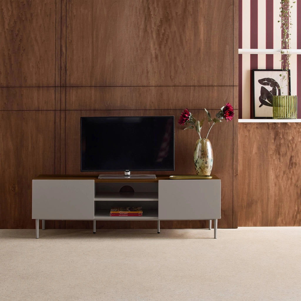Mobile tv in metallo e decorazione in legno 2 ante, 140cm, grigio