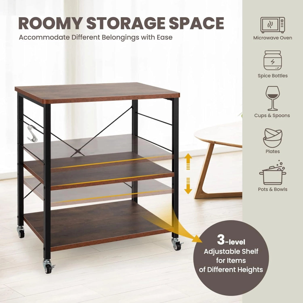 Carrello da Cucina a 3 Livelli con Ripiani Regolabili, Carrello Portaoggetti con 10 Ganci Rimovibili, per Supporto per Microonde, per Cucina e Sala da Pranzo, 60 x 40 x 73 cm (Marrone)