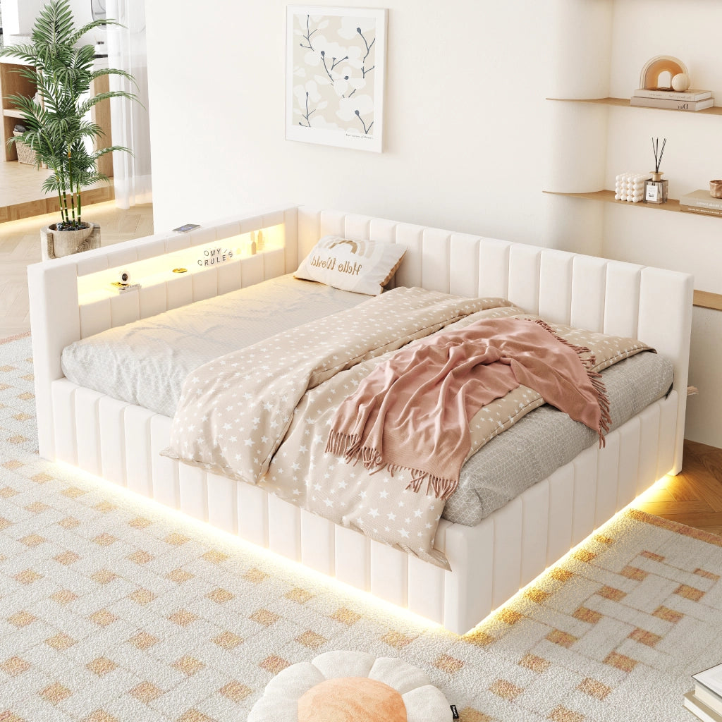 OKWISH Letto Contenitore 140×200 cm, Letto Matrimoniale con LED, USB e Schienale, senza Materasso, in Velluto Imbottito, Beige