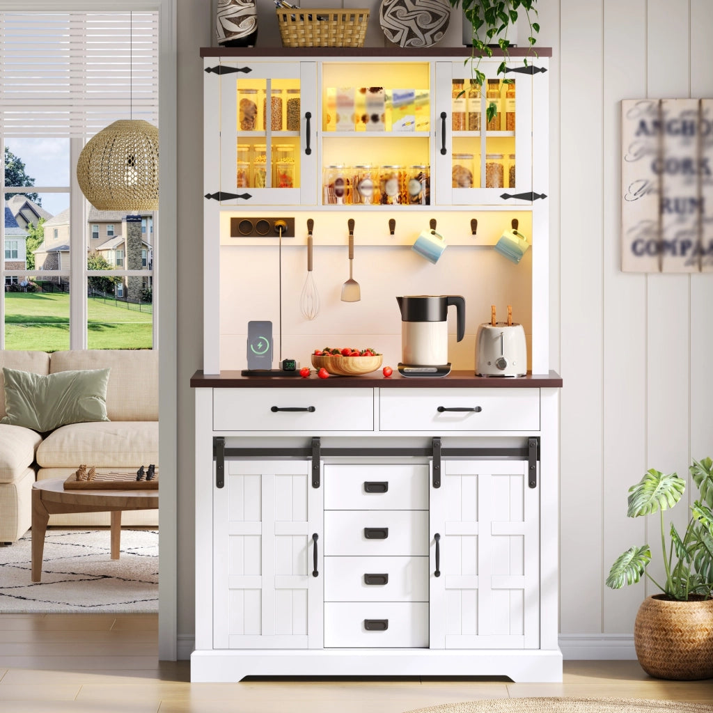 Credenza da cucina con LED; 6 cassetti; ante in vetro e prese; per cucina; bianco; 180 × 108 × 40 cm
