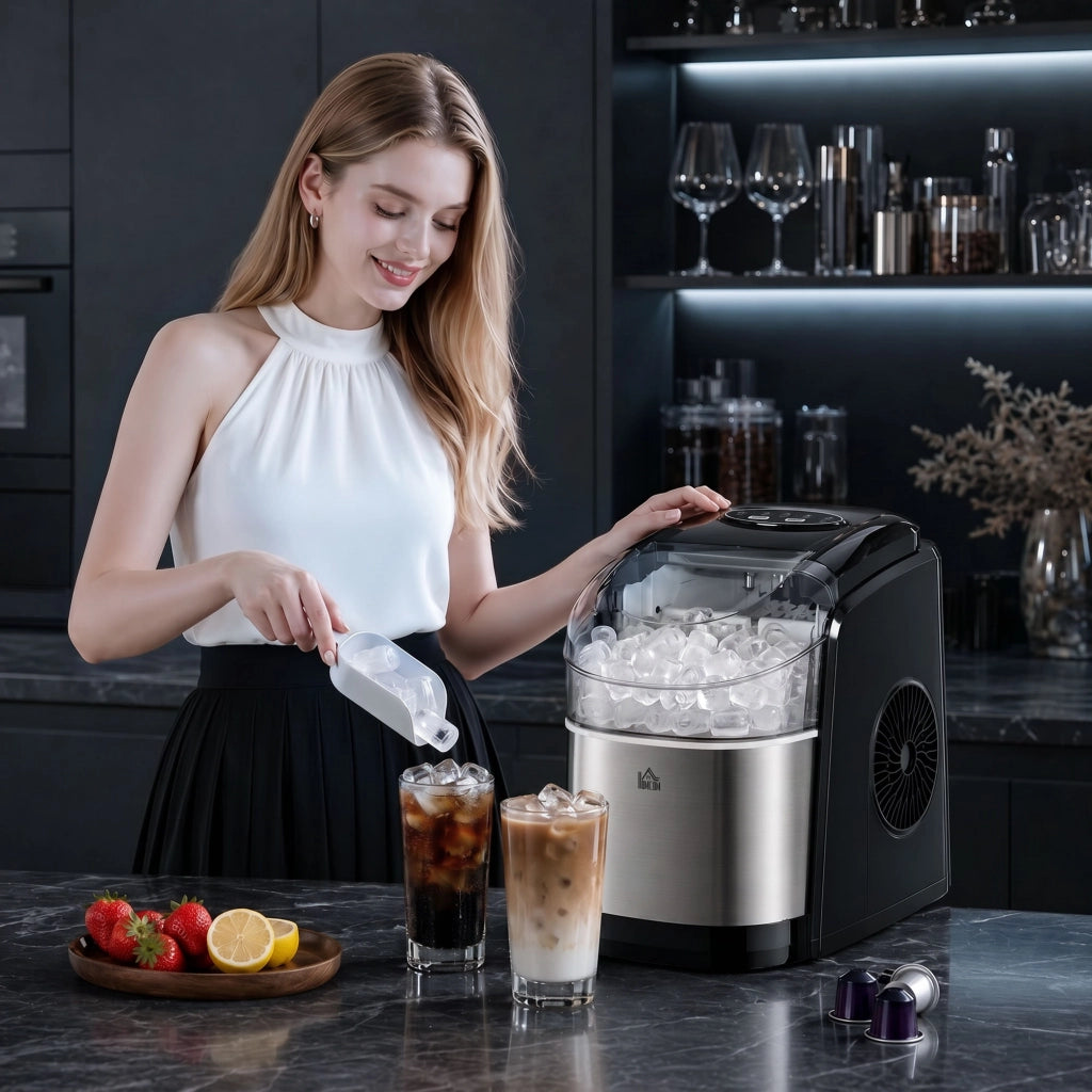 Macchina del Ghiaccio Autopulente da 9 Cubetti in 6-12 Minuti, in PP e Acciaio Inox, 24.2x35.3x33 cm, Nera
