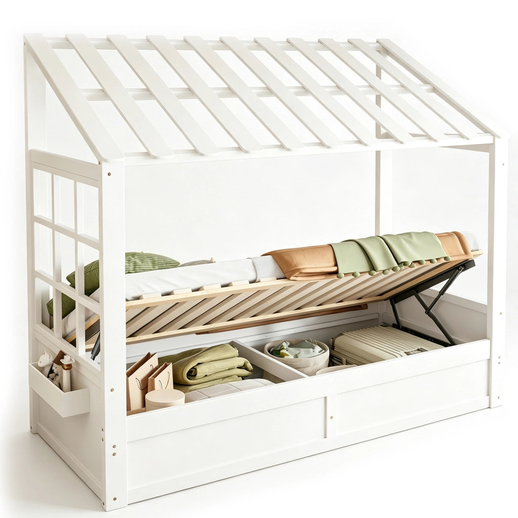 LETTO PER BAMBINI A CASETTA 90x200 cm Bianco in legno con vano contenitore